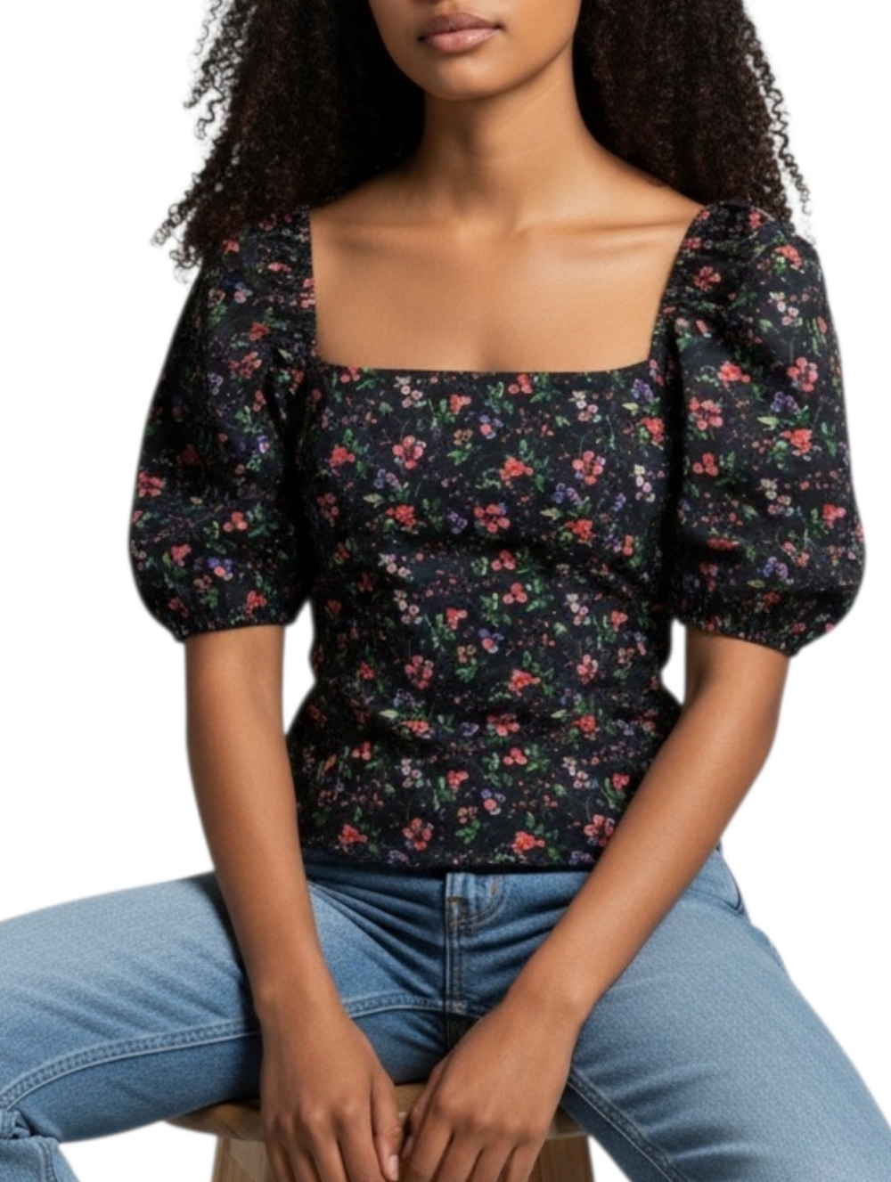 Hill House Matilda Berry Floral Top Black Puff Sleeve Smocked Square Neck Medium